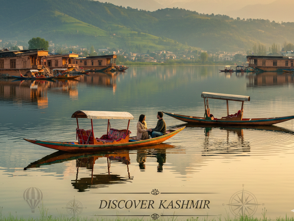 Panoramic view of Kashmir valley with Dal Lake, mountains, and shikaras at sunrise.