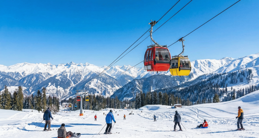 Gulmarg Gondola cable car rising over snow-covered mountains, tourists enjoying snow activities, bright blue sky, winter travel atmosphere, crisp high-resolution imagery, ideal for Kashmir tour package visuals.